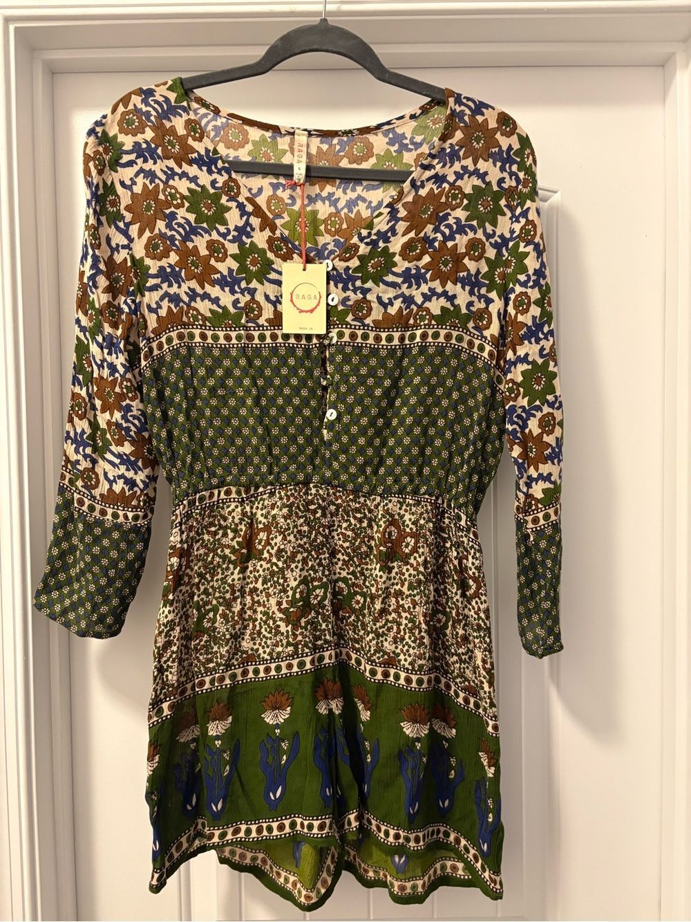 RAGA Anthropologie Olive Green & Brown Floral Bohemian Romper Size Small